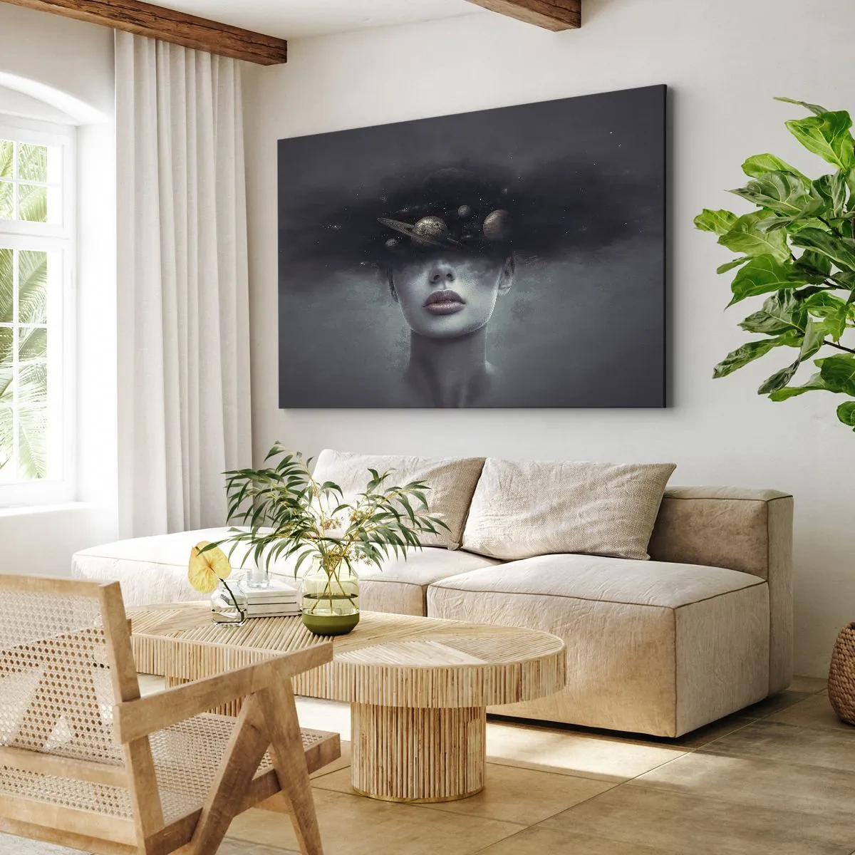 Schilderen op canvas - Een vrouwengezicht met een planeet en ruimtemotief op de achtergrond - 70x50cm - En de planeten worden gek... - Moderne wanddecoratie voor woonkamer en slaapkamer ARTTOR