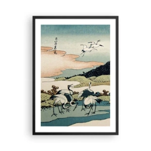 Poster in een zwarte lijst - Traditioneel Japans kunstwerk met kraanvogels in een natuurlijk landschap - 50x70cm - In de Japanse geest - Moderne wanddecoratie voor woonkamer en slaapkamer ARTTOR