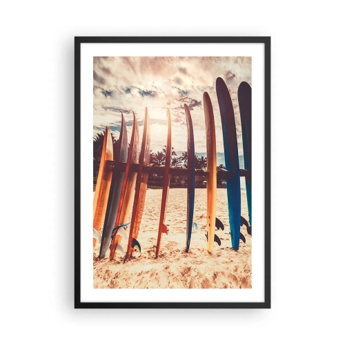 Poster in een zwarte lijst - Kleurrijke surfplanken tegen de achtergrond van een strand en palmbomen - 50x70cm - Weltrusten, zie je morgen - Moderne wanddecoratie voor woonkamer en slaapkamer ARTTOR