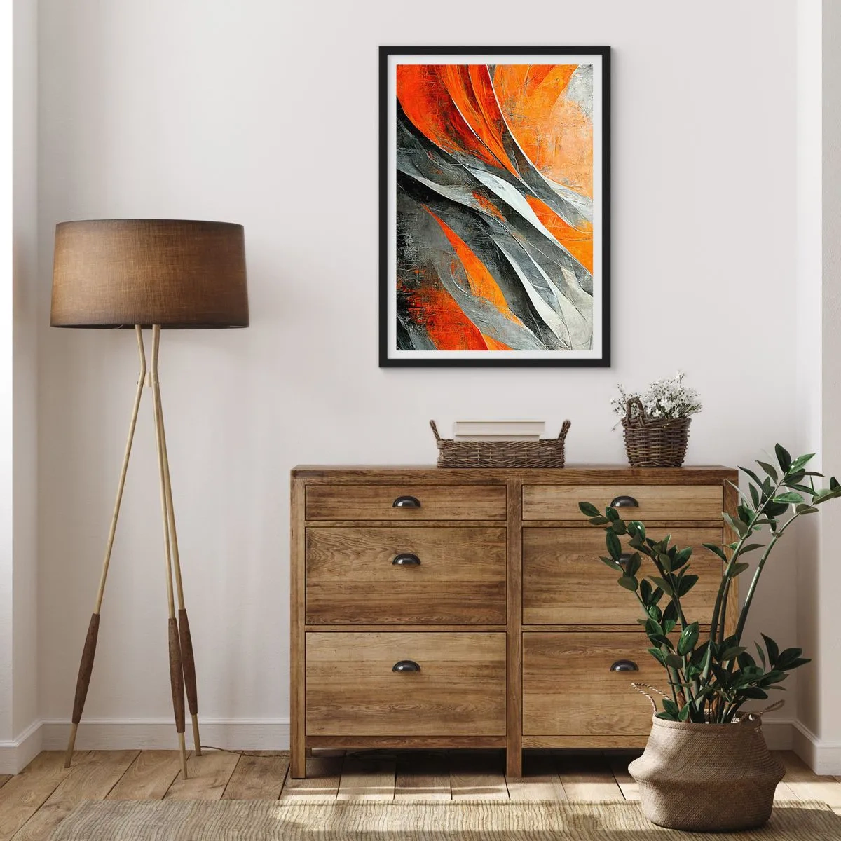 Poster in een zwarte lijst - Dynamische abstractie in tinten oranje en grijs - 50x70cm - Hitte en koude - Moderne wanddecoratie voor woonkamer en slaapkamer ARTTOR