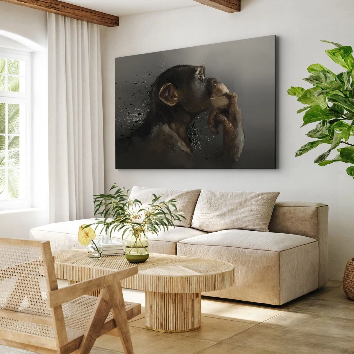Schilderen op canvas - Portret van een aap in een nadenkende houding tegen een grijze achtergrond - 70x50cm - Zeker een denker - Moderne wanddecoratie voor woonkamer en slaapkamer ARTTOR