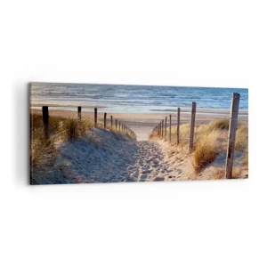 Schilderen op canvas - Het geluid van de zee, het zingen van vogels, een wild strand tussen het gras... - 100x40 cm