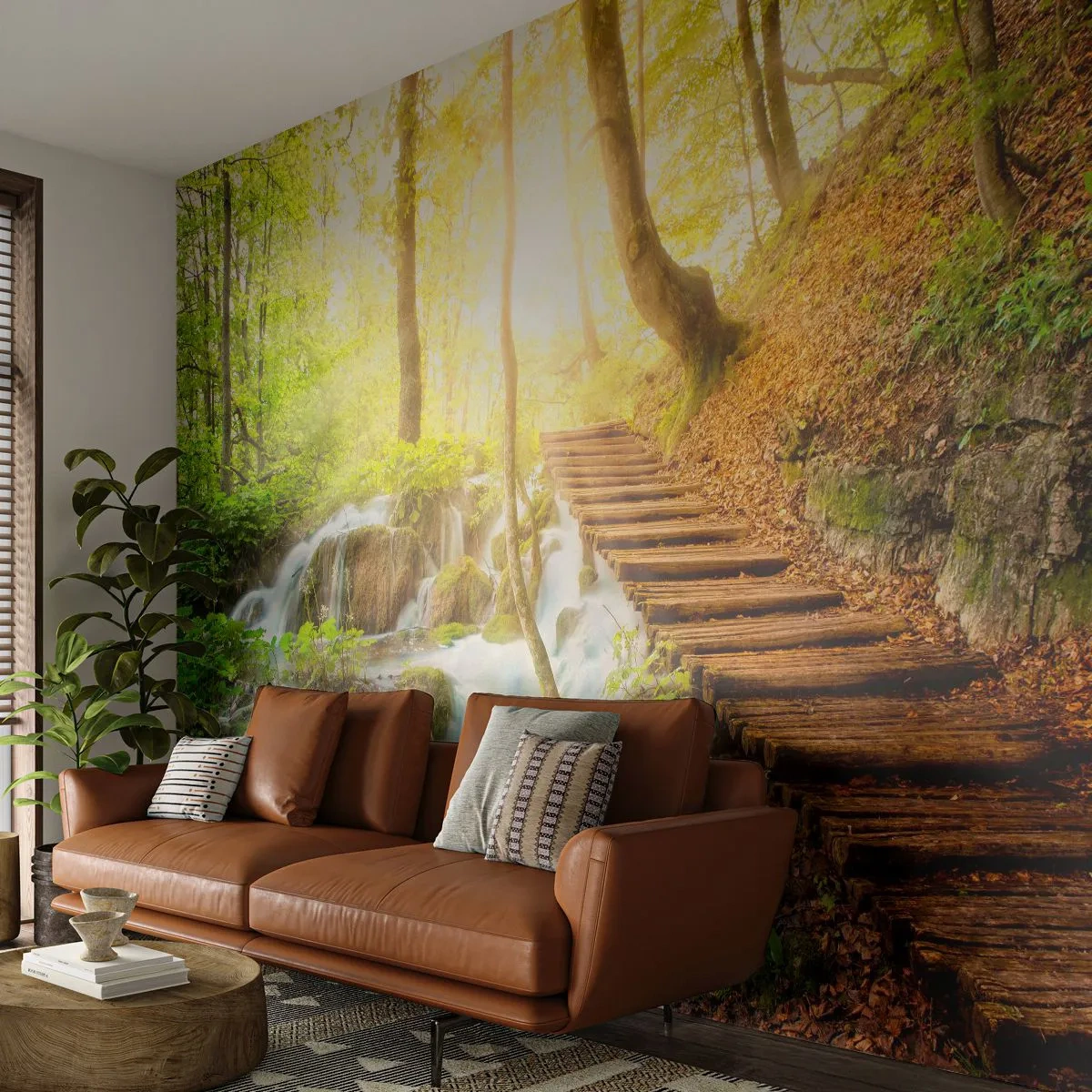 Fotobehang Premium Sand - Een felbegeerde koelte - Landschap, Waterval, Woud - 100x70 cm