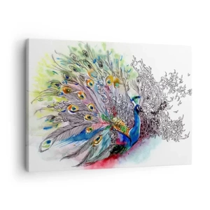 Schilderen op canvas - Een pauw in een kleurrijke aquarelstijl met abstracte veren - 70x50cm - Met trots tegen grijs - Moderne wanddecoratie voor woonkamer en slaapkamer ARTTOR
