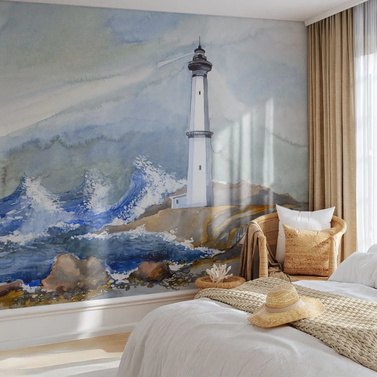Fotobehang Premium Sand - Tegen de duisternis en de storm - Vuurtoren, Landschap, Oceaan - 100x70 cm
