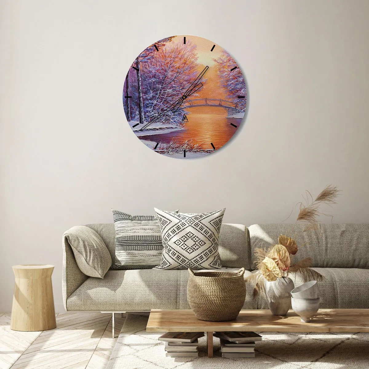 Wandklok - Klok - Winterlandschap met een brug over een rivier, bomen en sneeuw - 30x30cm - Laten we elkaar hier ontmoeten - Moderne wanddecoratie voor woonkamer, keuken en slaapkamer ARTTOR