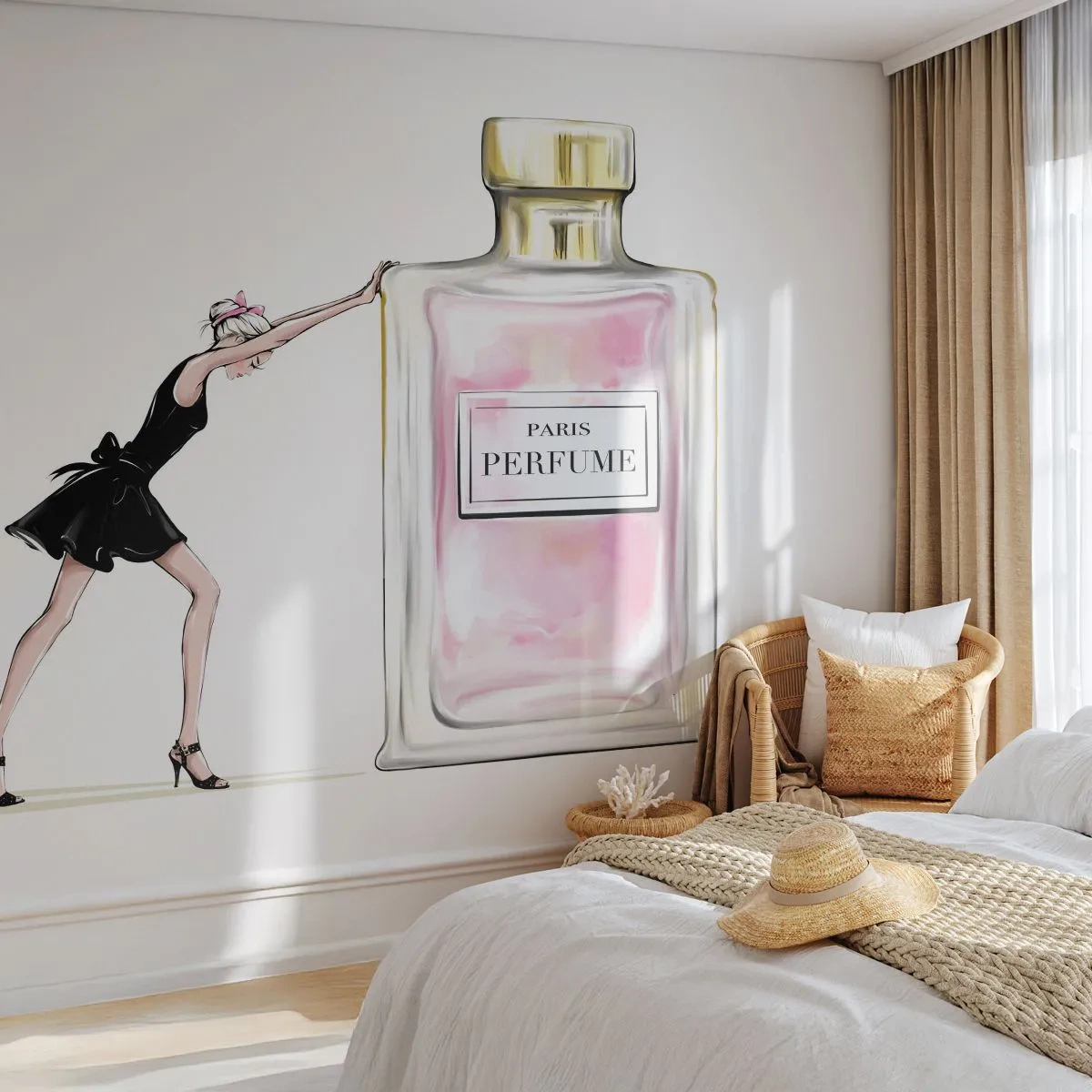 Fotobehang Standard Eco - Illustratie van een vrouw in een zwarte jurk en een flesje parfum - 100x70cm - De essentie van vrouwelijkheid - Moderne wanddecoratie voor woonkamer en slaapkamer ARTTOR