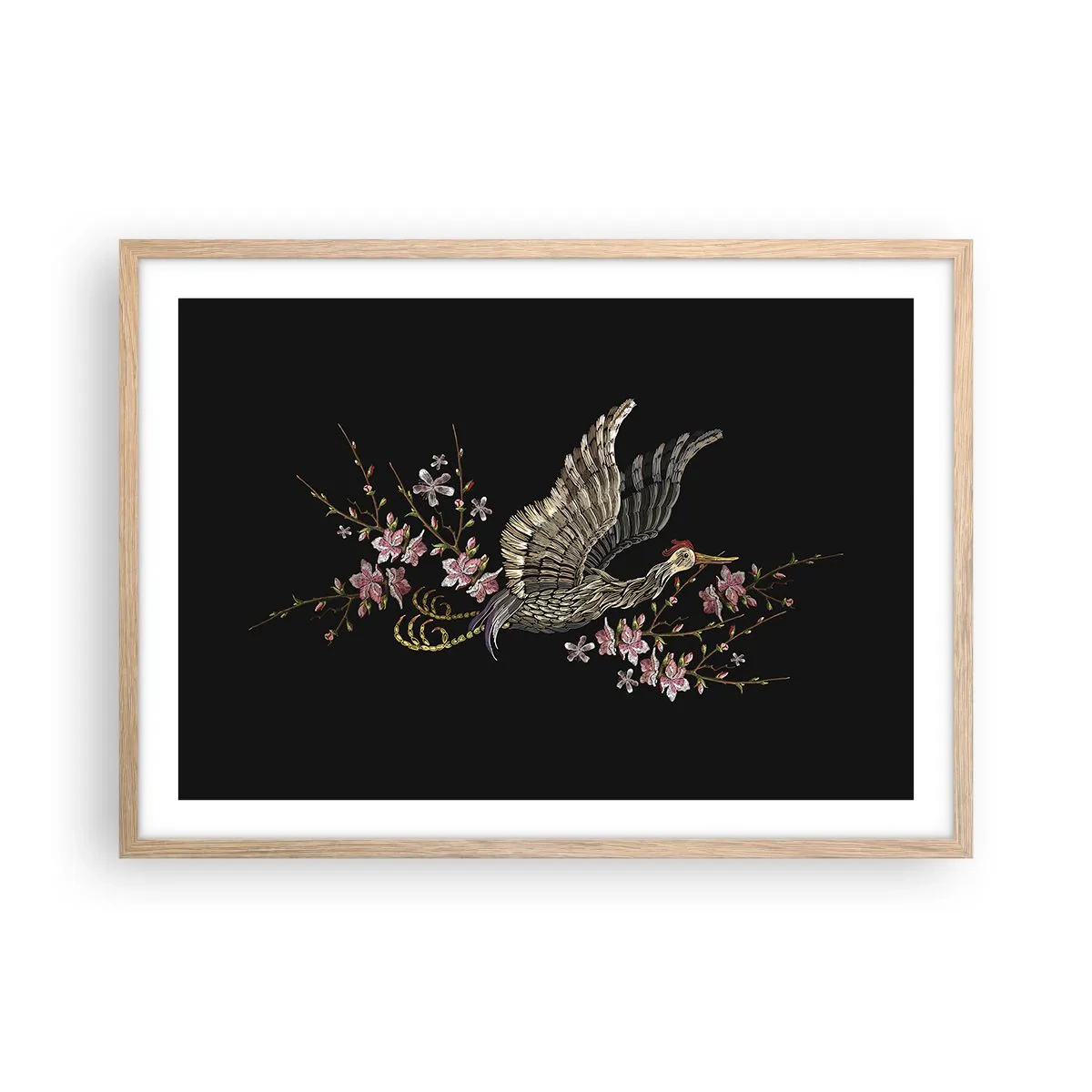 Een poster in een licht eiken lijst - Exotische geborduurde vogel - 70x50 cm