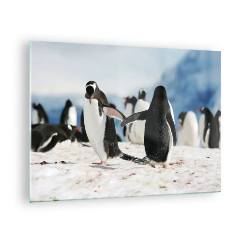 Schilderen op glas - Pinguïns in de sneeuw in een poollandschap - 70x50cm - Dansen in de sneeuw - Moderne wanddecoratie voor woonkamer en slaapkamer ARTTOR