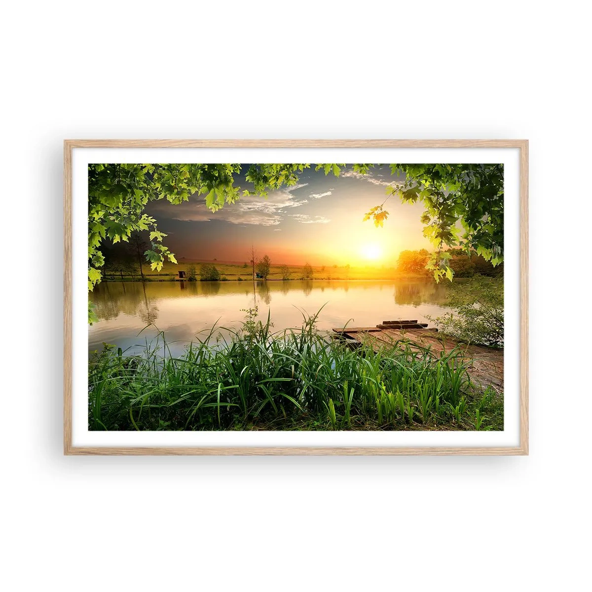 Een poster in een licht eiken lijst - Landschap in een groen kader - 91x61 cm