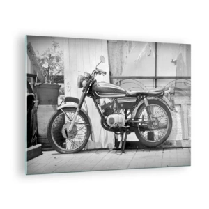 Schilderen op glas - Een retro-motorfiets staat tegen een houten muur - 70x50cm - Klassiek boven alles - Moderne wanddecoratie voor woonkamer en slaapkamer ARTTOR