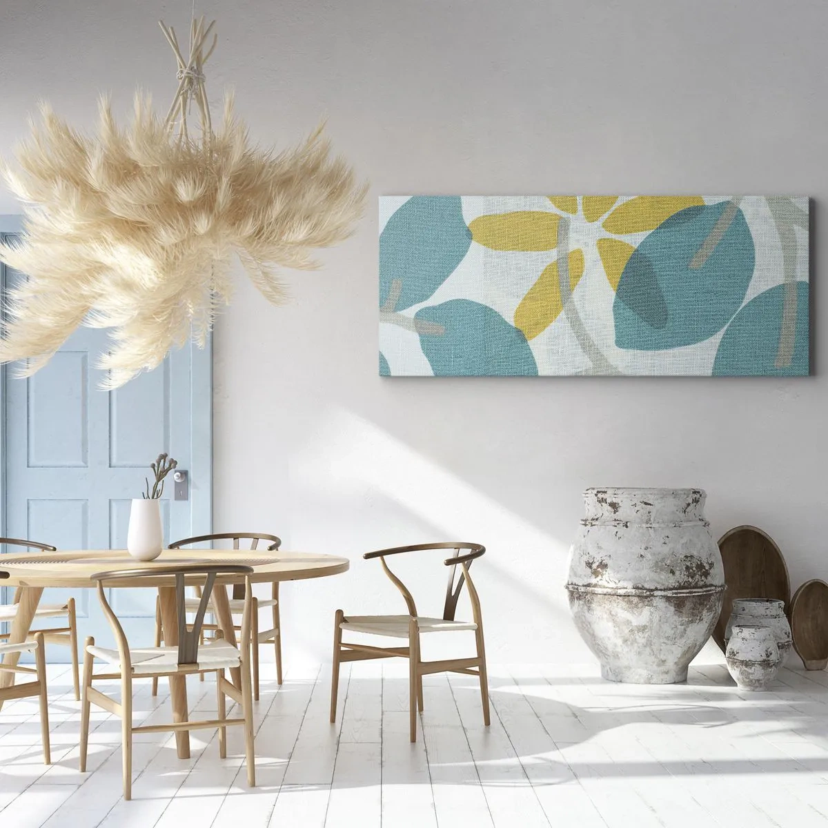 Schilderen op canvas - Tussen de azuurblauwe bladeren - 140x50 cm