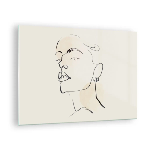 Schilderen op glas - Portret van een vrouw in minimalistische lijnen op een lichte achtergrond - 70x50cm - Een trotse blik - Moderne wanddecoratie voor woonkamer en slaapkamer ARTTOR