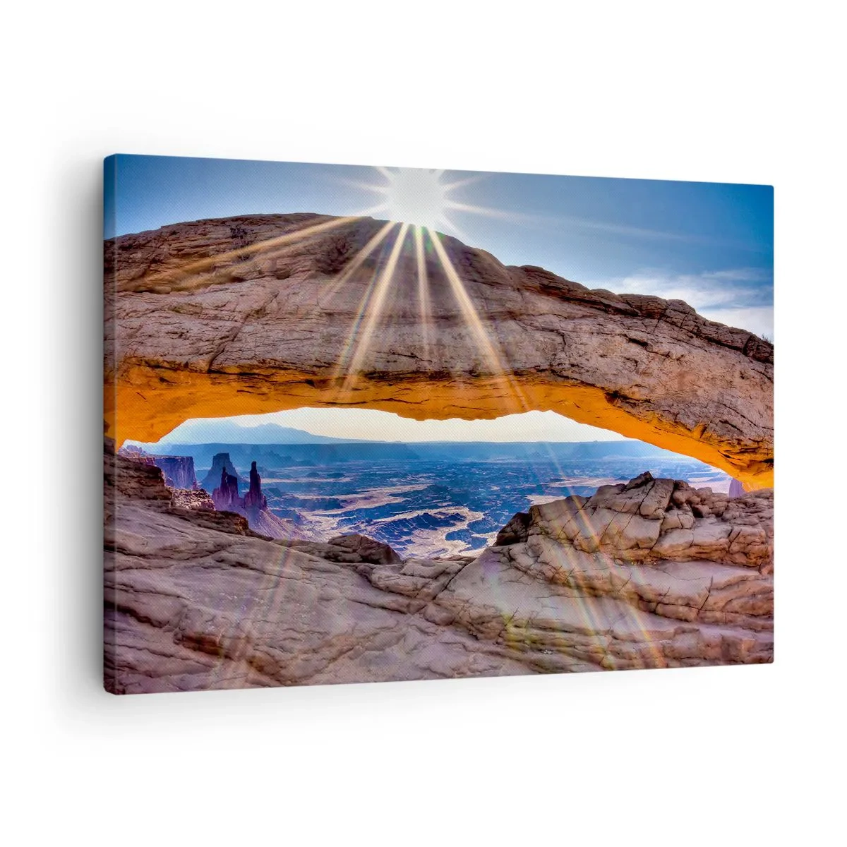 Schilderen op canvas - Rotsboog met uitzicht op de kloof bij zonsopgang - 70x50cm - Door de rotspoort - Moderne wanddecoratie voor woonkamer en slaapkamer ARTTOR