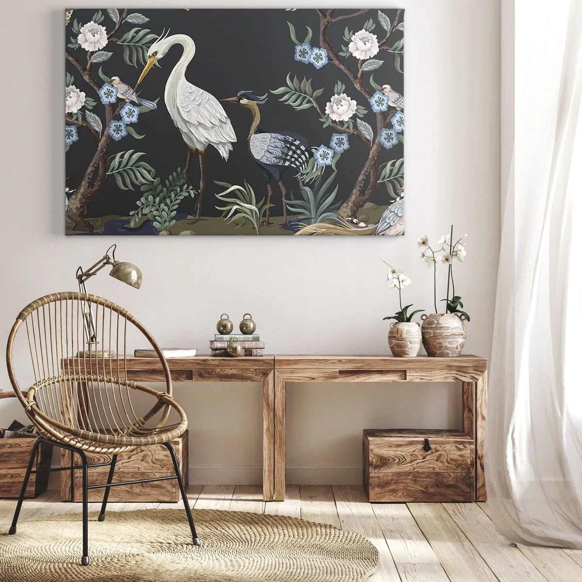 Schilderen op canvas - Geschilderde vogels en planten op een donkere achtergrond met een elegant patroon - 70x50cm - Vogelparade - Moderne wanddecoratie voor woonkamer en slaapkamer ARTTOR