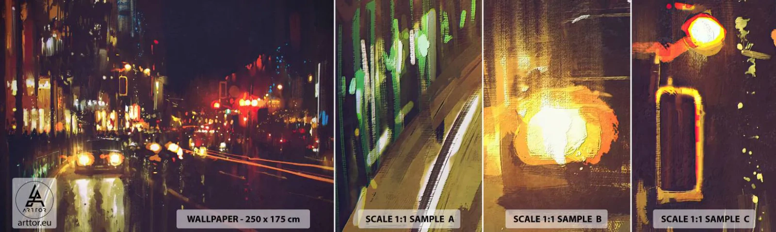 Fotobehang Monster Zelfklevend Deluxe Sticker - Ondergedompeld in de lichten van de nacht - Stad, Architectuur, Nachtleven - 100x30 cm