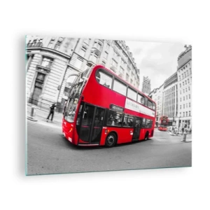 Schilderen op glas - Een rode bus in beweging tegen de achtergrond van de straten van Londen - 70x50cm - Londen traditioneel - by bus - Moderne wanddecoratie voor woonkamer en slaapkamer ARTTOR