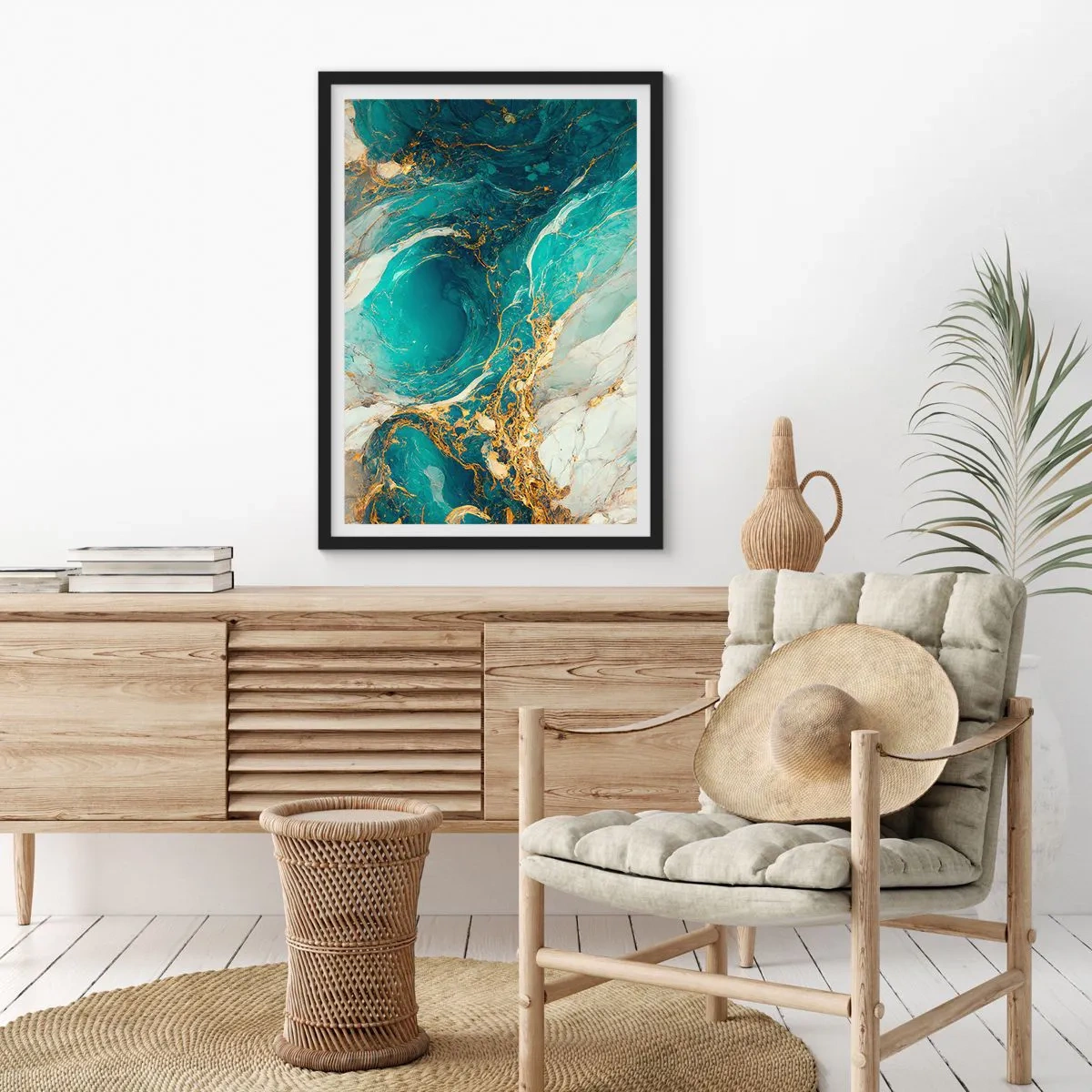 Poster in een zwarte lijst - Turquoise abstractie met gouden accenten - 50x70cm - Compositie met goudaders - Moderne wanddecoratie voor woonkamer en slaapkamer ARTTOR