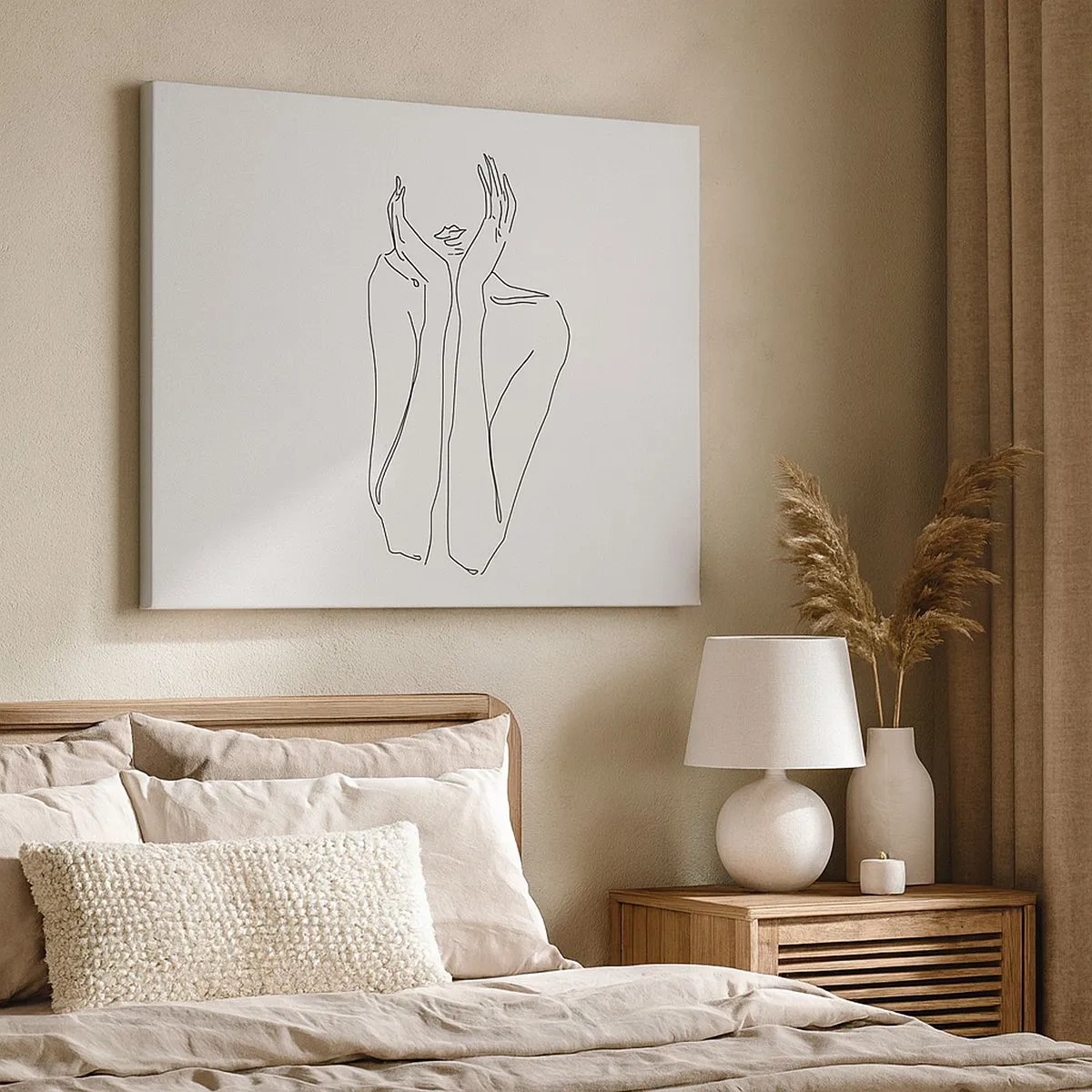 Schilderen op canvas - Minimalistische lijntekening van gezicht en handen - 70x50cm - Waar meisjes van dromen - Moderne wanddecoratie voor woonkamer en slaapkamer ARTTOR