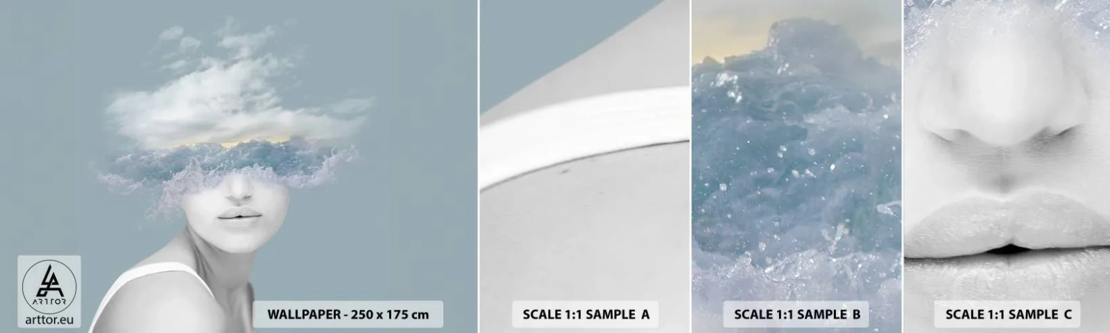 Fotobehang Staaltje Standard Eco - Met hoofd in de wolken - Helder, Portret, Wolken - 100x30 cm