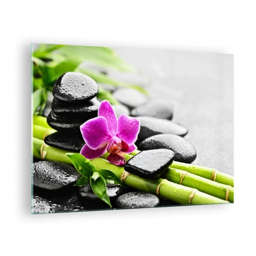 Schilderen op glas - Orchidee, zwarte stenen en bamboe in een rustige opstelling - 70x50cm - In een vrede evenwicht - Moderne wanddecoratie voor woonkamer en slaapkamer ARTTOR