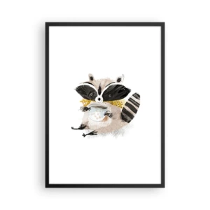 Poster in een zwarte lijst - Tekening van een wasbeer die een sjaal draagt en een kopje thee vasthoudt. - 50x70cm - Mijn vriend de wasbeer - Moderne wanddecoratie voor woonkamer en slaapkamer ARTTOR