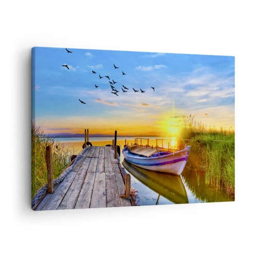 Schilderen op canvas - Een boot bij een houten pier bij zonsondergang - 70x50cm - Ik zie je morgen - Moderne wanddecoratie voor woonkamer en slaapkamer ARTTOR