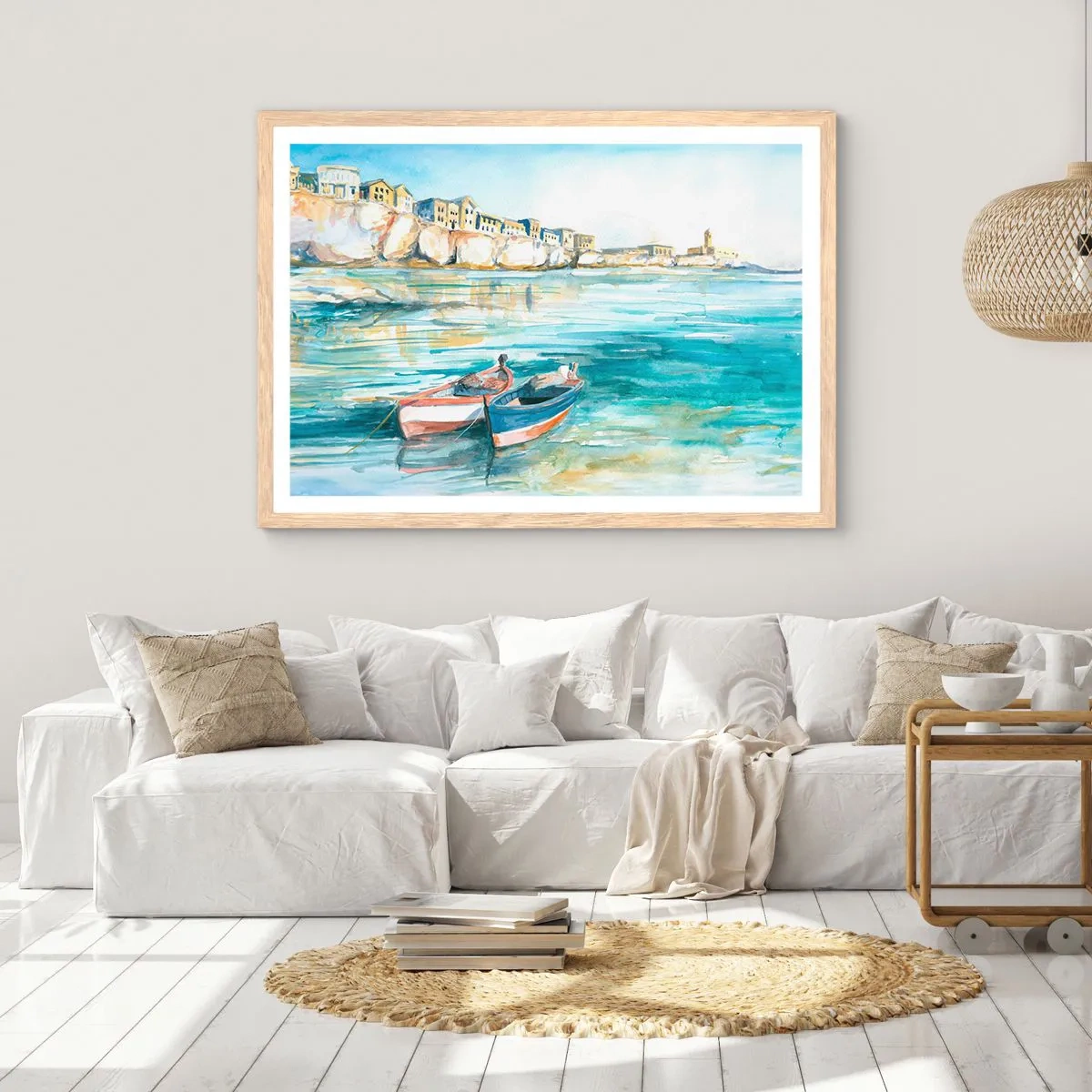 Een poster in een licht eiken lijst - Azuurblauw landschap - 40x30 cm