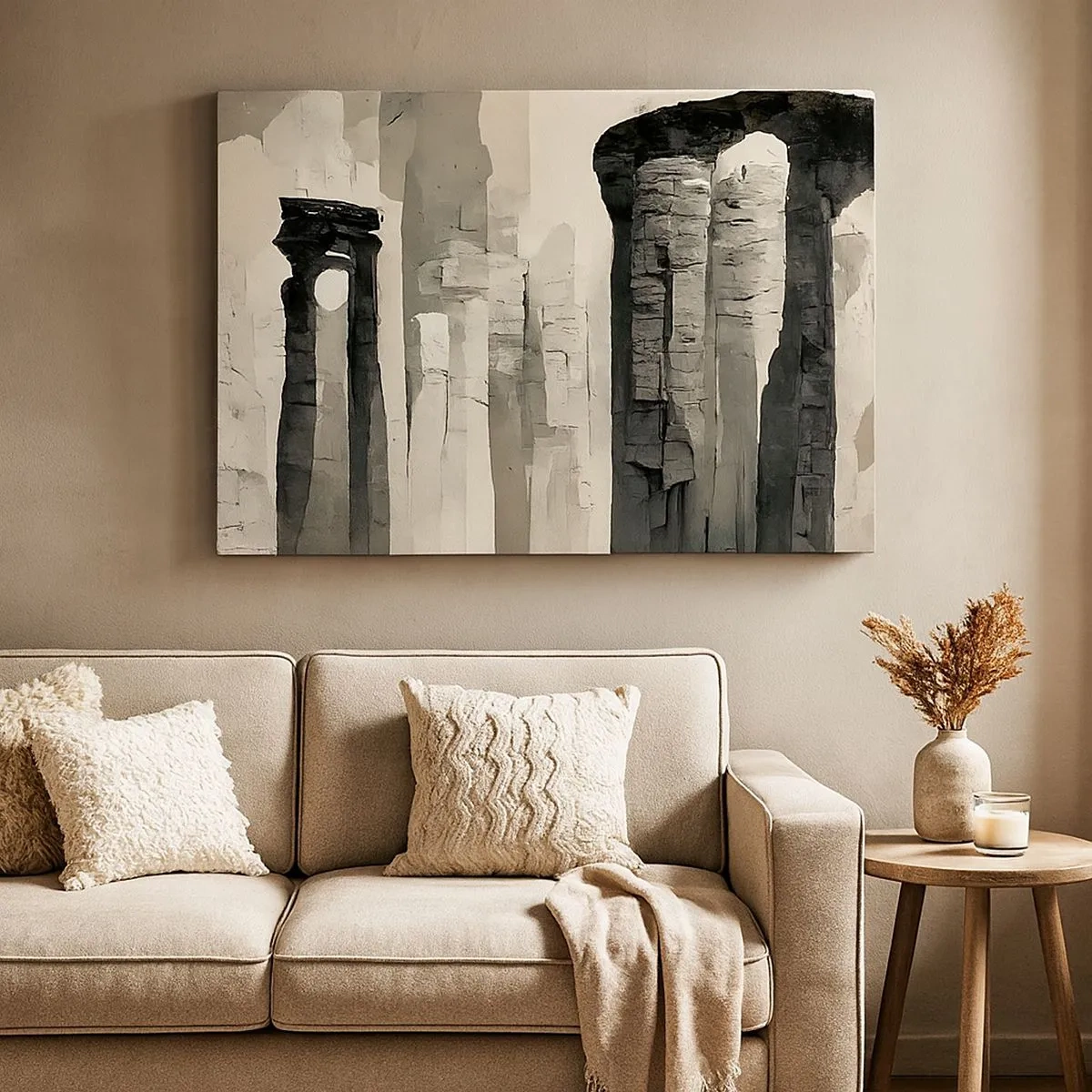 Schilderen op canvas - Historische zuilen in een sfeervolle monochrome setting - 70x50cm - De majesteit van de oudheid - Moderne wanddecoratie voor woonkamer en slaapkamer ARTTOR