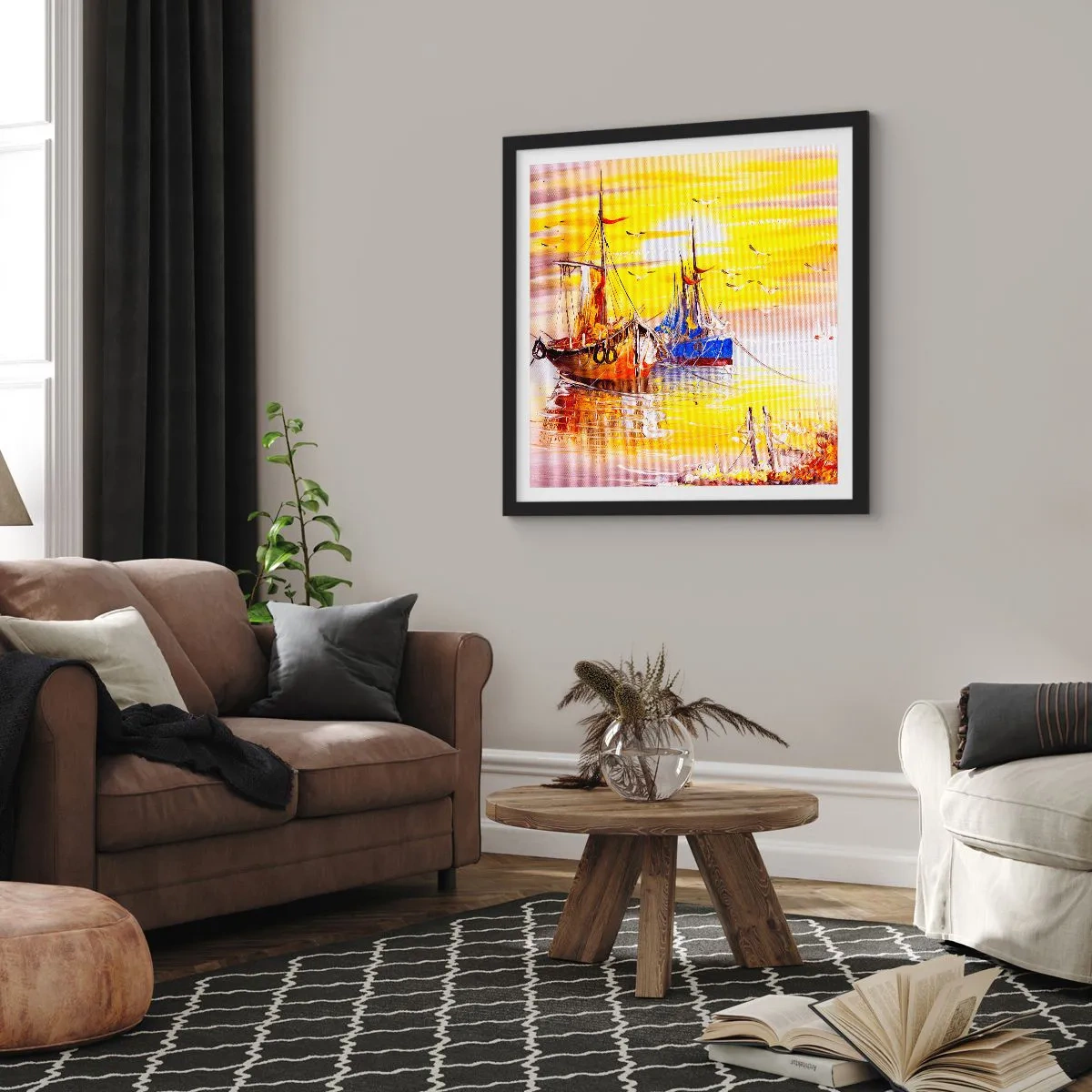 Poster in een zwarte lijst - Een welverdiende rust in de haven - 30x30 cm