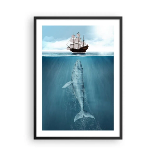 Poster in een zwarte lijst - Een schip op het wateroppervlak met een walvis eronder, in een surrealistische opname - 50x70cm - Het is beter om het niet te weten - Moderne wanddecoratie voor woonkamer en slaapkamer ARTTOR