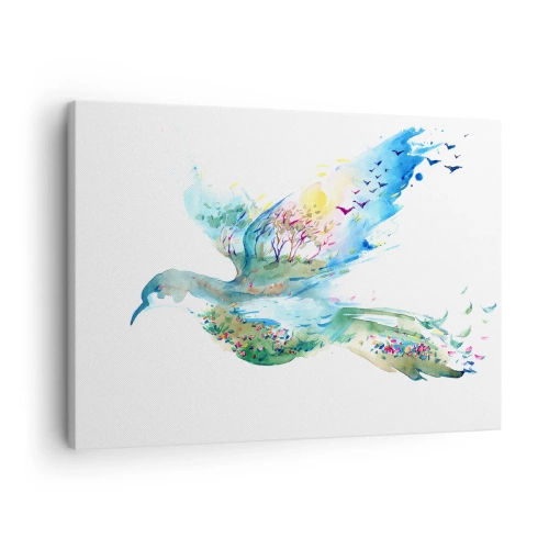 Schilderen op canvas - Aquarelcompositie van een vogel met elementen uit de natuur - 70x50cm - Op de vleugels van de natuur - Moderne wanddecoratie voor woonkamer en slaapkamer ARTTOR