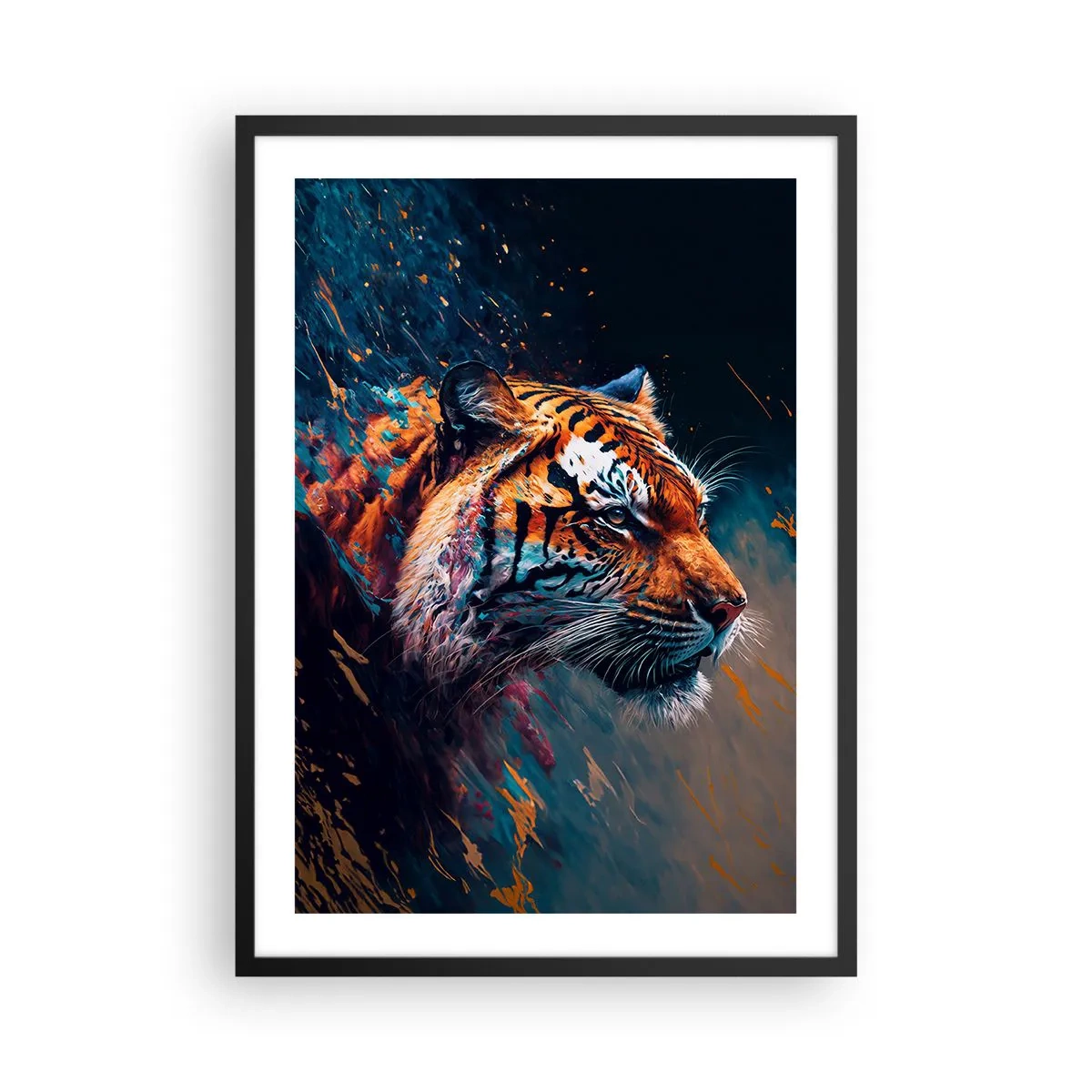 Poster in een zwarte lijst - Een dynamisch portret van een tijger in artistieke stijl - 50x70cm - Wilde schoonheid - Moderne wanddecoratie voor woonkamer en slaapkamer ARTTOR