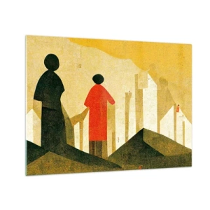 Schilderen op glas - Geometrische silhouetten van figuren tussen hoge vormen tegen de achtergrond van een gele lucht - 70x50cm - Er is nog een lange weg te gaan - Moderne wanddecoratie voor woonkamer en slaapkamer ARTTOR