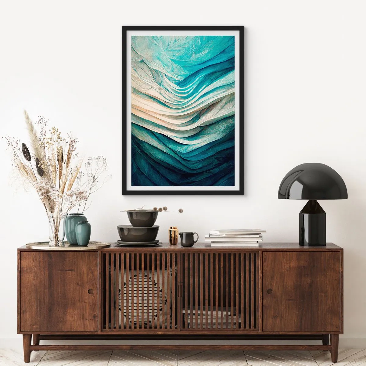 Poster in een zwarte lijst - Abstracte compositie van golven in tinten blauw en beige - 50x70cm - Blauwe onverzadigbaarheid - Moderne wanddecoratie voor woonkamer en slaapkamer ARTTOR