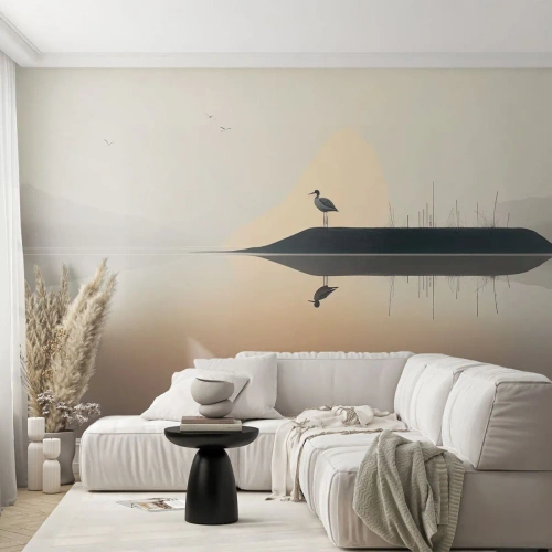 Fotobehang Premium Canvas - Heer op het meer - Vogel, Landschap, Minimalisme - 100x70 cm
