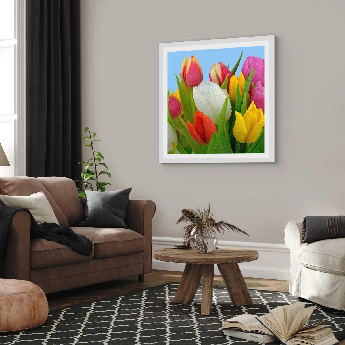 Poster in een witte lijst - Een bloemenregenboog in dauwdruppels - 60x60 cm