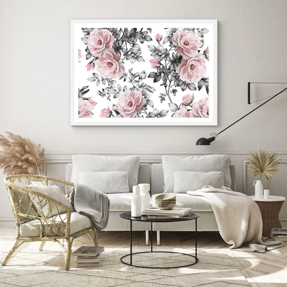 Poster in een witte lijst - Verdwalen in de bloemen van de rozen - 91x61 cm