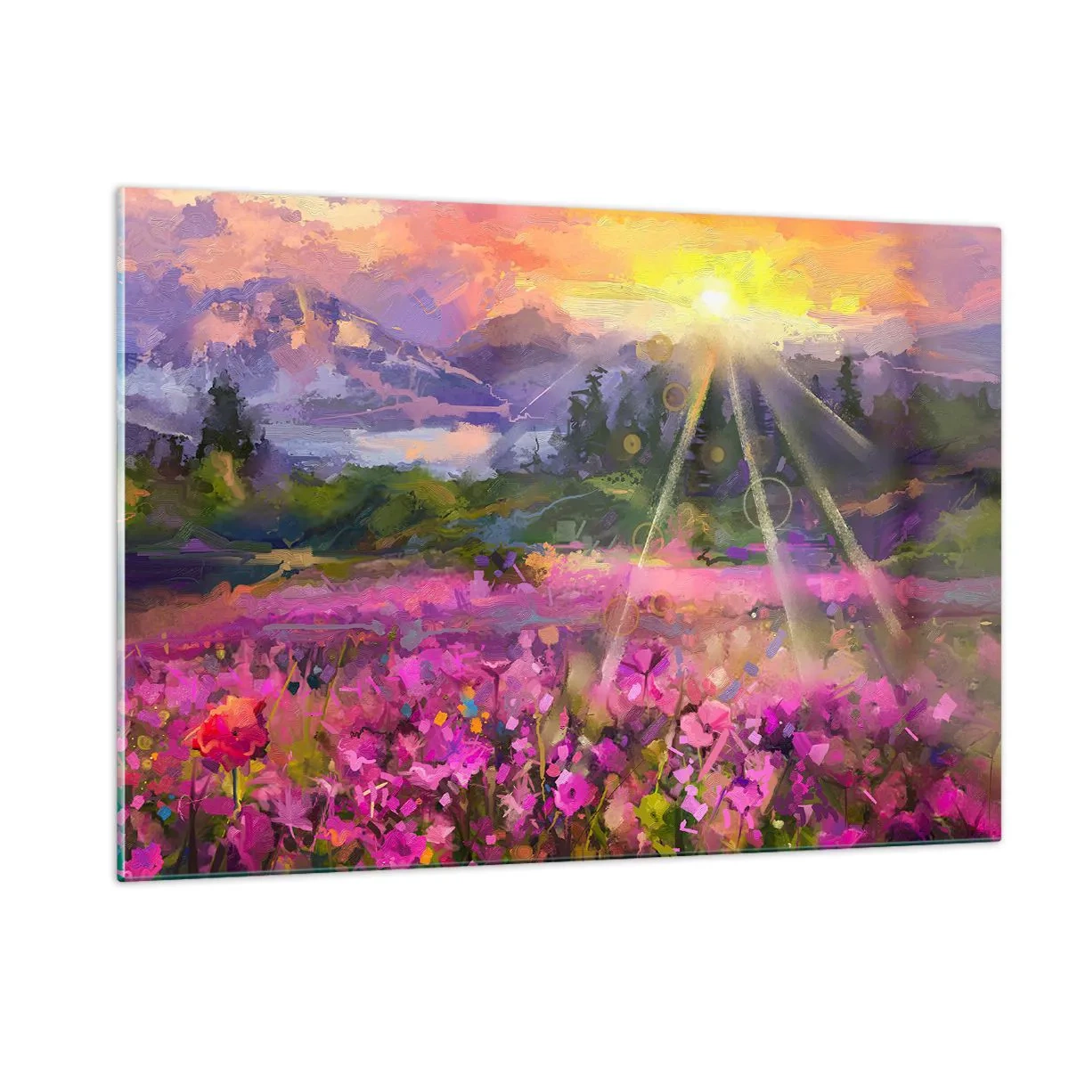 Schilderen op glas - In de vallei onder de bescherming van de zon - 120x80 cm