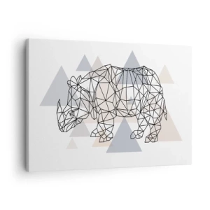 Schilderen op canvas - Geometrische neushoorn op een achtergrond van delicate driehoeken - 70x50cm - Structuur van kracht - Moderne wanddecoratie voor woonkamer en slaapkamer ARTTOR