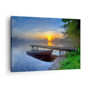 Schilderen op canvas - Een steiger aan het meer bij zonsopgang met een boot aan de oever - 70x50cm - Hoe gewoon verandert in magie - Moderne wanddecoratie voor woonkamer en slaapkamer ARTTOR