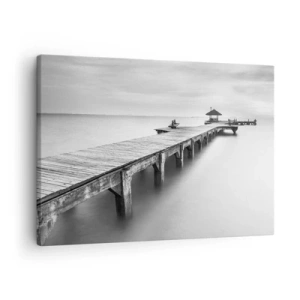 Schilderen op canvas - Een zwart-witfoto van een houten pier boven kalm water. - 70x50cm - In de verte - Moderne wanddecoratie voor woonkamer en slaapkamer ARTTOR