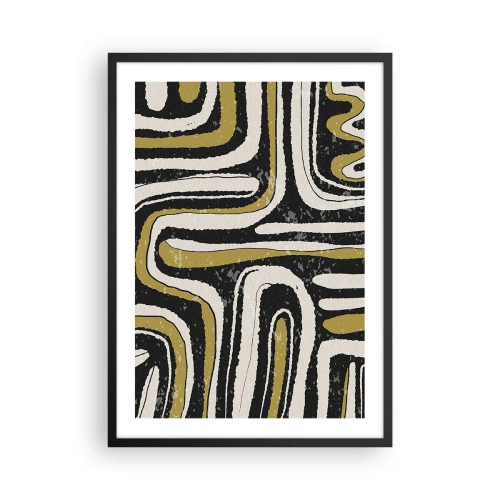Poster in een zwarte lijst - Geometrische abstractie in zwart, beige en goud - 50x70cm - Compositie: wegen en steegjes - Moderne wanddecoratie voor woonkamer en slaapkamer ARTTOR