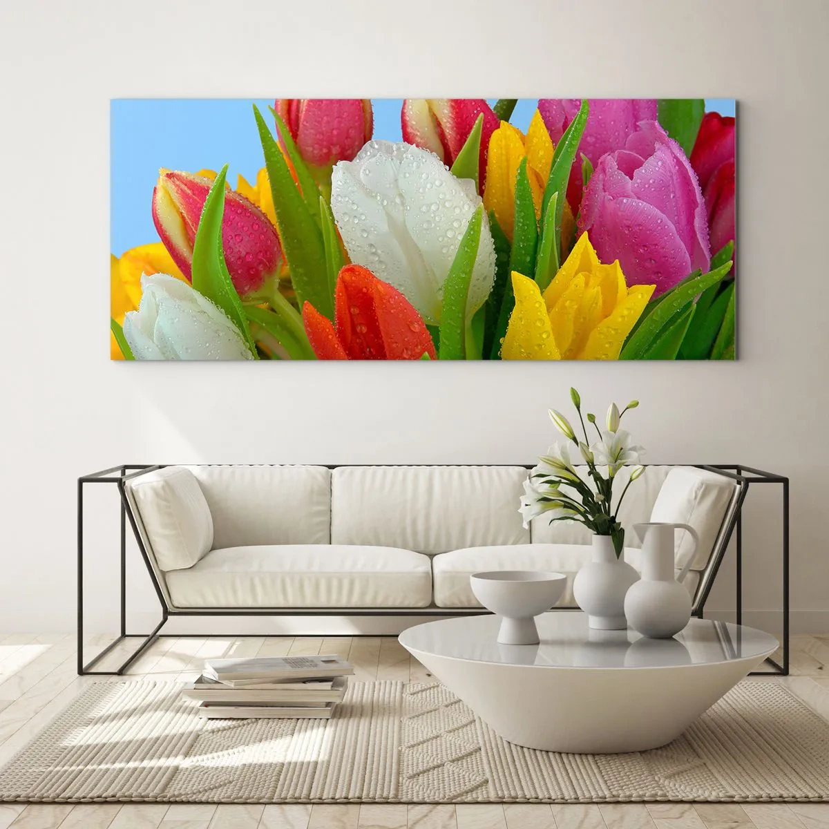 Schilderen op glas - Een bloemenregenboog in dauwdruppels - 90x30 cm