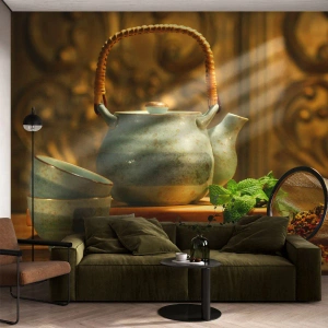 Fotobehang Standard Eco - Verhandeling over het drinken van thee - Gastronomie, Thee, Gedroogde kruiden - 450x315 cm