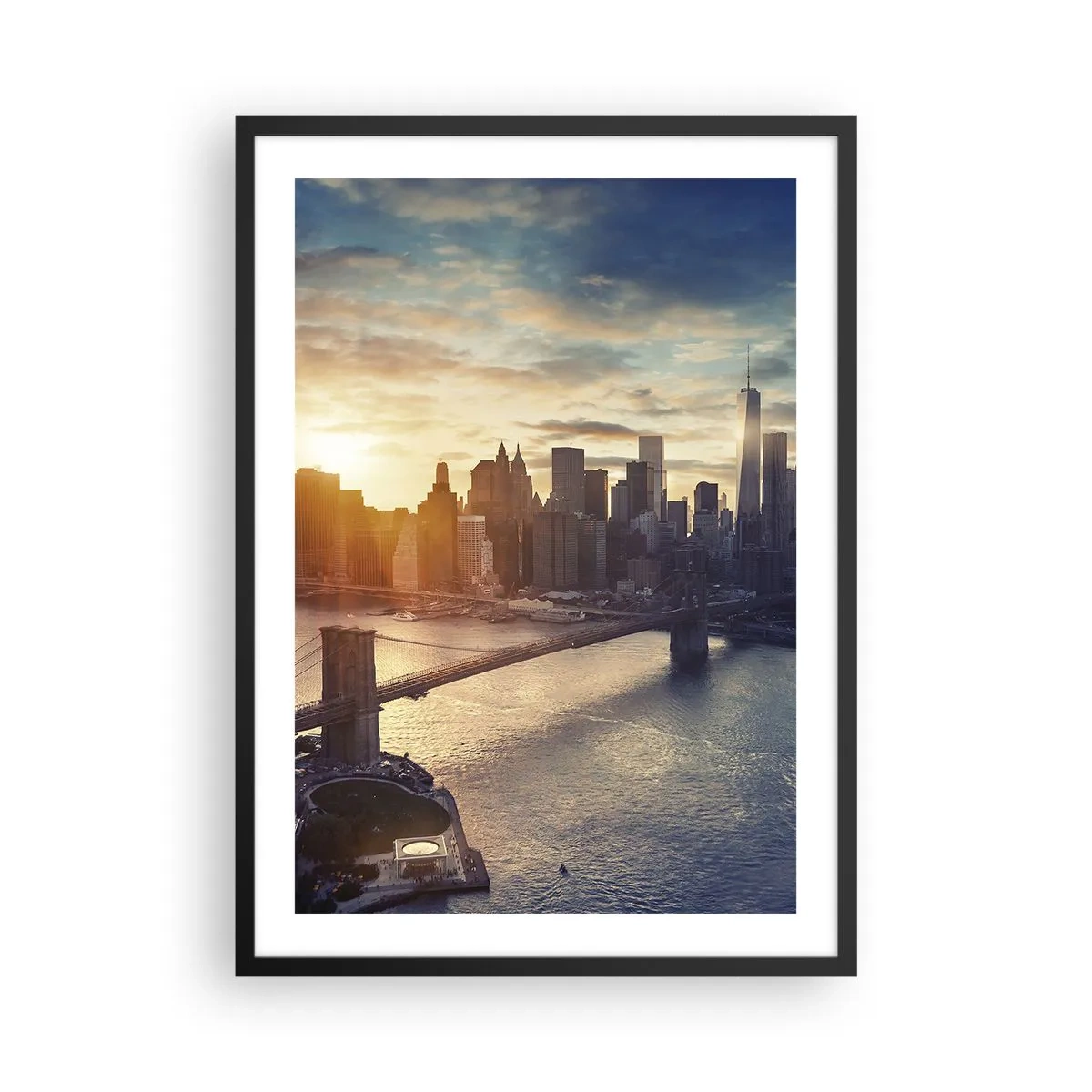 Poster in een zwarte lijst - Uitzicht op Manhattan bij zonsondergang met de Brooklyn Bridge - 50x70cm - Westers cultuurmonument - Moderne wanddecoratie voor woonkamer en slaapkamer ARTTOR