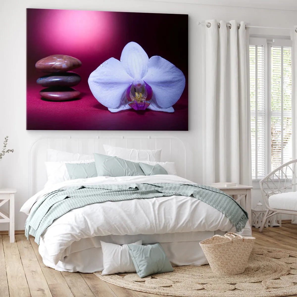 Schilderen op canvas - Witte orchidee en stenen op een roze achtergrond - 70x50cm - Een studie van versheid in paars - Moderne wanddecoratie voor woonkamer en slaapkamer ARTTOR