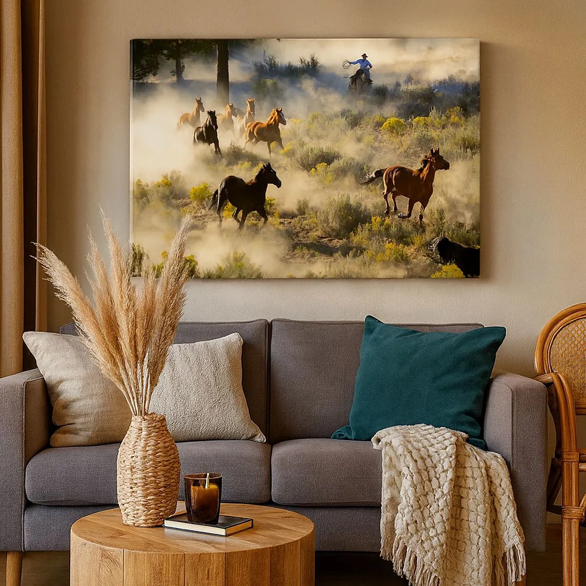 Schilderen op canvas - Een kudde wilde paarden galoppeert door het stof en de vegetatie - 70x50cm - Rivaliteit - vrijheid of mannelijke kracht? - Moderne wanddecoratie voor woonkamer en slaapkamer ARTTOR