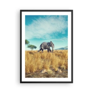Poster in een zwarte lijst - Een zebra met een olifantenlichaam tegen de achtergrond van de Afrikaanse savanne - 50x70cm - Grijs is niet meer in de mode - Moderne wanddecoratie voor woonkamer en slaapkamer ARTTOR