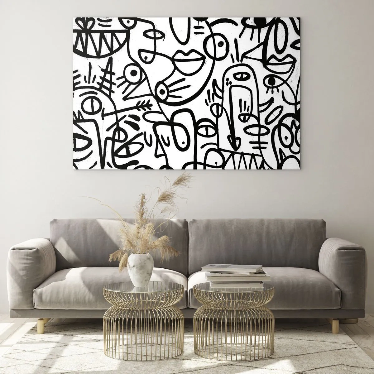 Schilderen op glas - Zwart-wit abstractie met ogen, gezichten en lijnen - 70x50cm - Gezichten en luchtspiegelingen - Moderne wanddecoratie voor woonkamer en slaapkamer ARTTOR